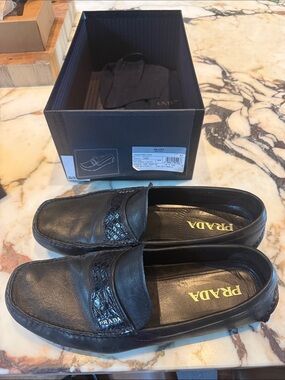 Prada Black Leather Men’s Slip-On Loafers with Croc-Embossed Band
